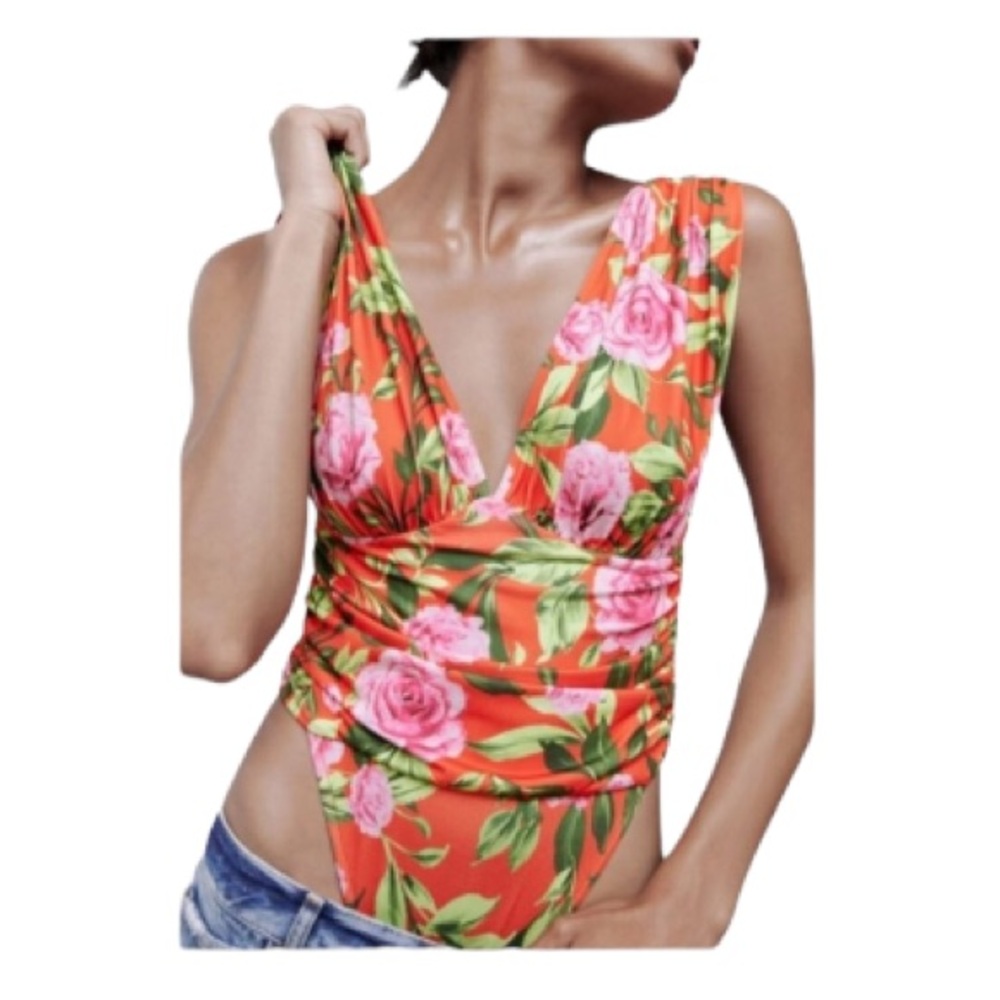 ZARA red pink floral plunge high cut backless bodysuit top size medium